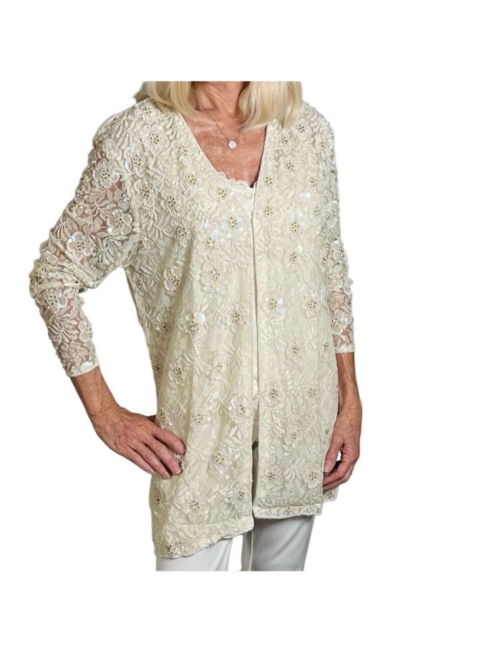 Vtg 90s Ivory Lace Iridescent Sequin Floral Sheer Beaded Fairy Ethereal Jacket L